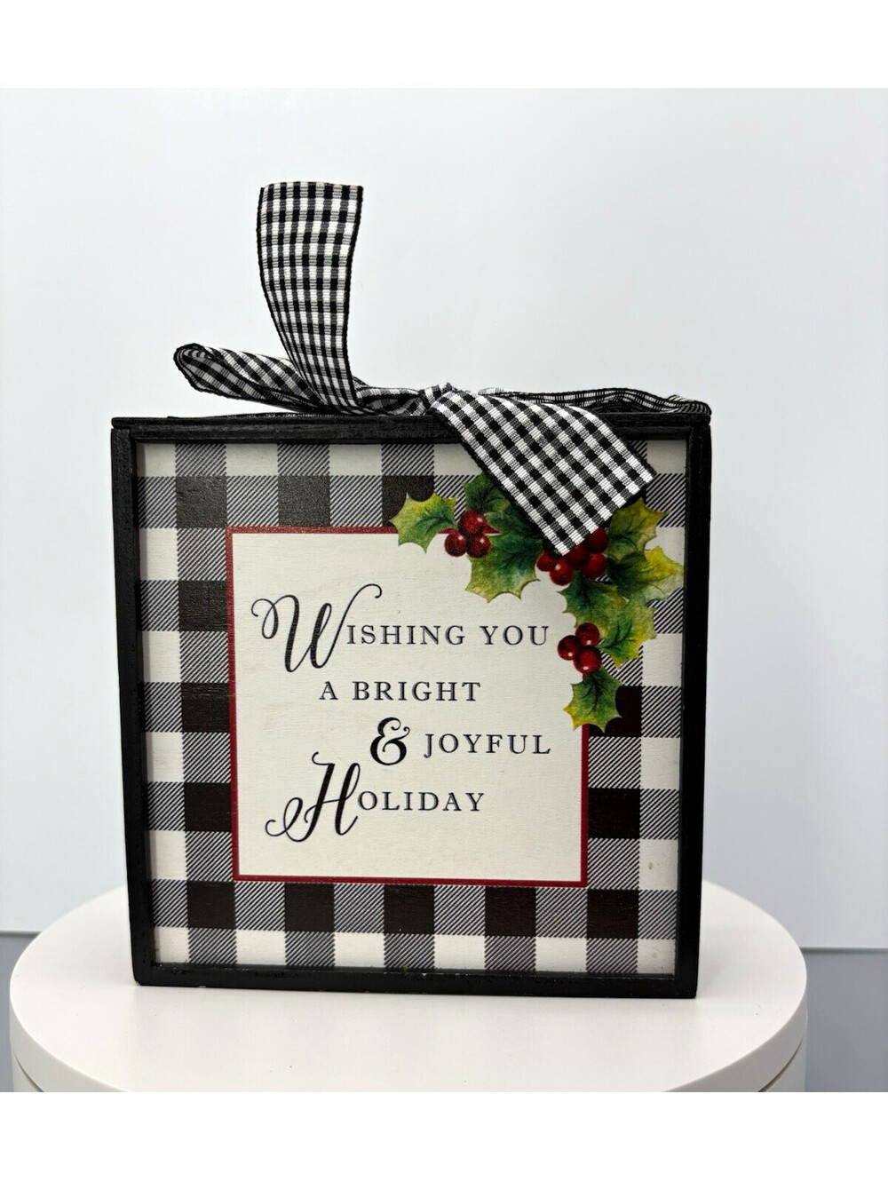 DEMDACO Christmas Wall Plaque Sign 6x6 Wood/Fabric Buffalo Check Ribbon